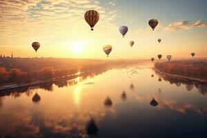 Luft Luftballons fliegend Über spektakulär Fluss schön , Sonnenuntergang ,generativ ai foto