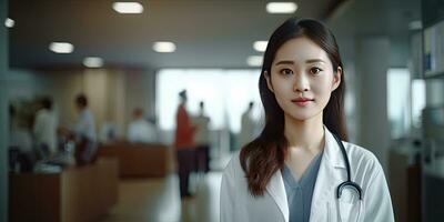 Porträt von weiblich Asien Arzt Stehen im Krankenhaus, Kopieren Raum Werbung Botschaft ,generativ ai. foto