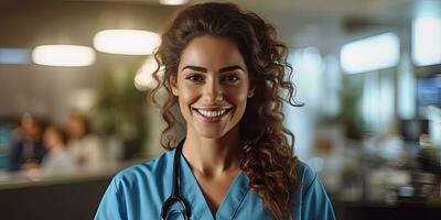 lächelnd weiblich Süd amerikanisch Arzt Stehen im Krankenhaus, Kopieren Raum ,generativ ai. foto