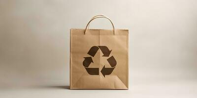 Papier Tasche mit Recycling Symbol auf Weiß Hintergrund mit Kopieren Raum ,generativ ai foto