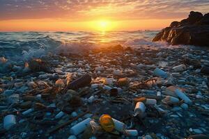 Müll von Plastik Flaschen im das Meer , Sonnenuntergang ,generativ ai foto