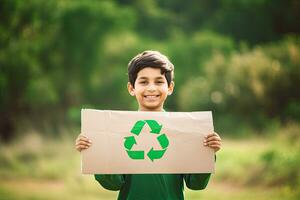 glücklich lächelnd Kind Junge halten Papier mit Grün Recycling Zeichen Über natürlich Hintergrund. Öko Leben, Umgebung und Nachhaltigkeit Konzept, generativ ai . foto