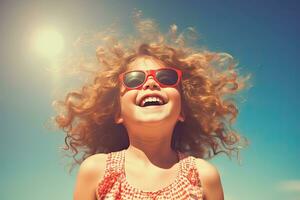 ein schön Kind Mädchen genießen das Sommer- Sonne ,generativ ai foto