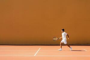 Tennis jung Mann im Aktion auf das Stadion ,generativ ai. foto