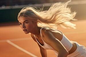 schließen oben Tennis jung Frau im Aktion auf das Stadion ,generativ ai. foto