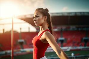 Gymnastik jung Frau im Aktion auf das Innen- Stadion, generativ ai. foto