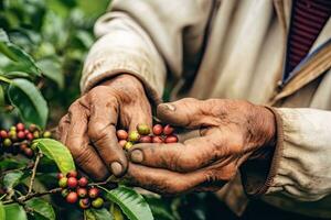 schließen oben Hand alt Mann pflücken Kaffee von ein Kaffee Plantage im Süd Amerika ,generativ ai foto