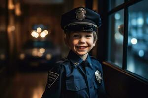 glücklich Kind spielen Polizei Offizier beim Innen- ,generativ ai. foto