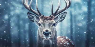 Hirsch im ein Winter schneebedeckt Wald ,Weihnachten Szene ,generativ ai. foto