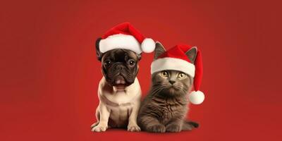 süß Hund und Katze mit ein Santa's Hut auf ein rot Hintergrund mit Raum zum Copyspace ,generativ ai. foto