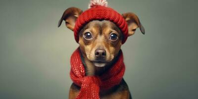 süß Hund gekleidet im ein rot Schal und Hut mit Raum zum , Kopieren Raum , ,generativ ai. foto