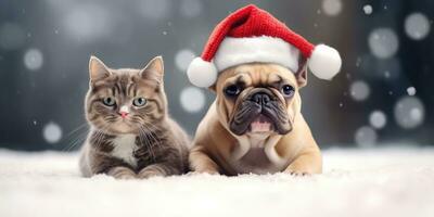 süß Katze und Hund mit ein Santa's Hut im das Schnee Hintergrund mit Raum zum Exemplar, generativ ai. foto