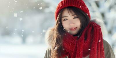 glücklich jung asiatisch Frau im ein rot Schal im das Schnee mit Raum zum Copyspace ,generativ ai. foto