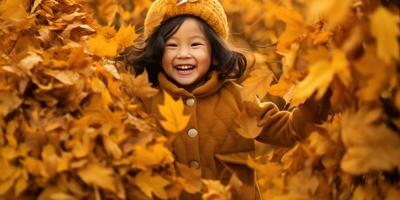 glücklich Asien jung Mädchen spielen im das fallen Blätter mit Raum zum Copyspace zum Text ,generativ ai. foto