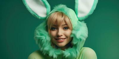 schön jung Frau im ein Hase Kostüm auf ein Grün Hintergrund mit Raum zum Copyspace ,generativ ai. foto