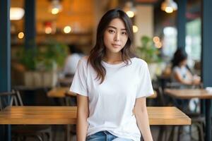 ein Frau tragen leer Weiß T-Shirt und Jeans beim Café,generativ ai. foto