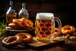 Bier und gesalzen Brezeln auf hölzern Hintergrund erstellt ,generativ ai foto