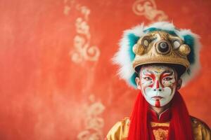 Asien Mann beim Festival tragen traditionell Chinesisch maskiert Kostüm, im Chinesisch Neu Jahr Festival , Kopieren Raum ,generativ ai foto