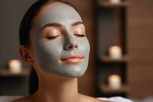 Frau im Maske auf Gesicht im Spa Schönheit Salon weiß spannen Haut ,generativ ai. foto