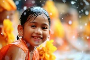 ein Kind Mädchen schön ist auf Ferien Songkran Wasser Festival Thailand, generativ ai foto