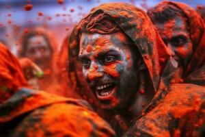 Feier von Spanisch Tradition und Kultur.Spanien berühmt Tomate Kampf Festival ,generativ ai foto