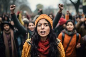 indisch weiblich Aktivist protestieren mit Gruppe von Demonstranten im das Hintergrund ,generativ ai. foto