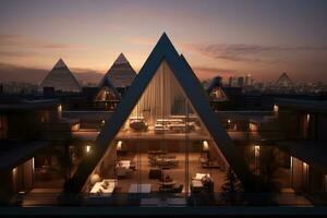 modern die Architektur Penthouse durch Pyramiden beim Sonnenuntergang ,generativ ai foto