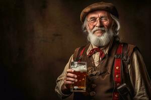 Senior Mann halten Bier, Oktoberfest Hintergrund, generativ ai foto