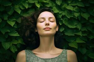 schließen oben Gesicht Frau mit Augen geschlossen auf Hintergrund von Grün Blätter Wand., entspannt und zuversichtlich, generativ ai. foto