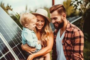 ein Familie mit Solar- Panel auf ein sonnig Tag, Grün Alternative Energie Konzept, generativ ai. foto