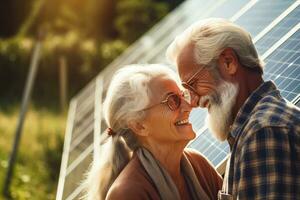 Senior Paar mit Solar- Panel auf ein sonnig Tag, Grün Alternative Energie Konzept, generativ ai. foto