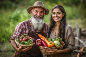 organisch Paar Farmer halten frisch gepflückt Gemüse auf ihr Bauernhof, generativ ai. foto