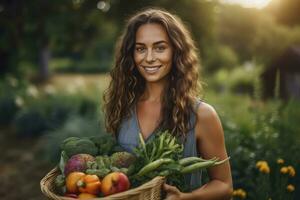 organisch jung Farmer Frau halten frisch gepflückt Gemüse auf ihr Bauernhof, generativ ai. foto