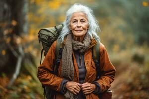 attraktiv Senior Frau auf Wandern ,generativ ai foto