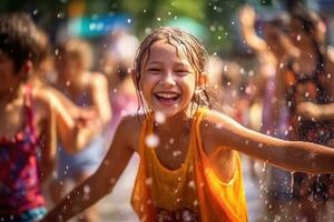 ein Kind Mädchen schön ist auf Ferien Songkran Wasser Festival Thailand, generativ ai foto