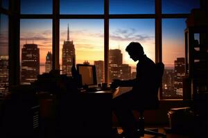 Silhouette Porträt ein Geschäftsmann suchen mental Linderung im Büro Raum ,generativ ai. foto