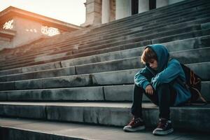 ein Junge Sitzung allein beim Stufen. Stress und mental Problem im Kindheit ,generativ ai. foto