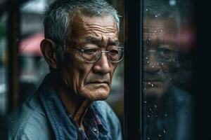 Senior Asien Mann traurig und deprimiert suchen aus von das Fenster mit Regentropfen auf das Glas Fenster auf ein regnerisch Tag ,generativ ai. foto