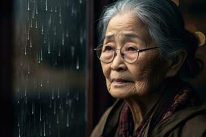Senior Asien Frau traurig und deprimiert suchen aus von das Fenster mit Regentropfen auf das Glas Fenster auf ein regnerisch Tag ,generativ ai. foto