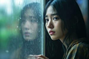 Asien jung Frau traurig von sitzen auf das Kante das Fenster mit Regentropfen auf das Glas Fenster auf ein regnerisch Tag ,generativ ai. foto