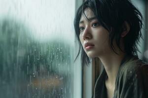 Asien jung Frau traurig von sitzen auf das Kante das Fenster mit Regentropfen auf das Glas Fenster auf ein regnerisch Tag ,generativ ai. foto