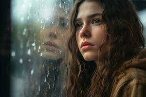 ein jung Frau traurig von sitzen auf das Kante das Fenster mit Regentropfen auf das Glas Fenster auf ein regnerisch Tag ,generativ ai. foto