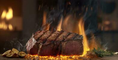 Rindfleisch Steak auf das Grill mit Rauch und Flammen. ai generativ foto