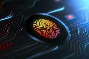 Fingerabdruck Authentifizierung Taste. biometrisch Sicherheit. Identifizierung und Cyber Sicherheit Konzept. glühend Neon- Fingerabdruck auf dunkel Hintergrund. ai generativ foto