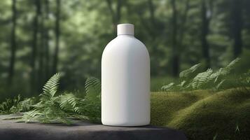 natürlich kosmetisch Produkt Präsentation hinter den Kulissen. draußen Wald Platzierung. Weiß leer Krug Shampoo Flasche. 3d. ai generativ foto