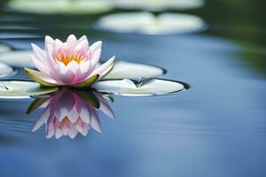 ein schwebend Lotus Blume auf das Ruhe Oberfläche von ein Teich symbolisiert das Potenzial zum Transformation und spirituell Wachstum durch das trainieren von Meditation und Achtsamkeit. ai generativ foto