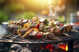 Grill Essen Party Sommer- Grillen Fleisch im das Nachmittag von Wochenende glücklich Party. ai generativ foto