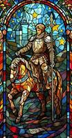 ein Ritter im leuchtenden Rüstung. ein Illustration von ein mythisch uralt Paladin im befleckt Glas Renaissance Fresko Stil. ai generativ foto