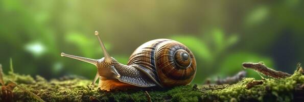 ein Reise durch das Wald. Nahansicht von ein Schnecke im das Wald mit natürlich Hintergrund. ai generativ foto