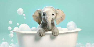 minimalistisch Albino Elefant im ein Badewanne von Seife Luftblasen gegen ein cyan Hintergrund. ai generativ foto